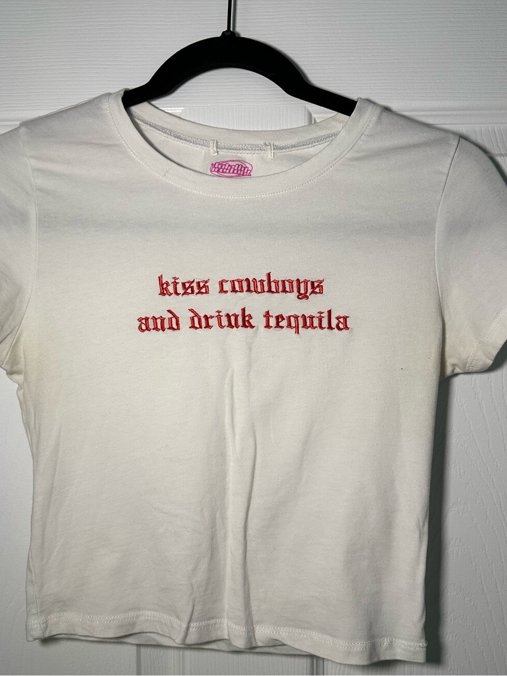 Kiss Cowboys and Drink Tequila Embroidered White Baby Cropped Tee